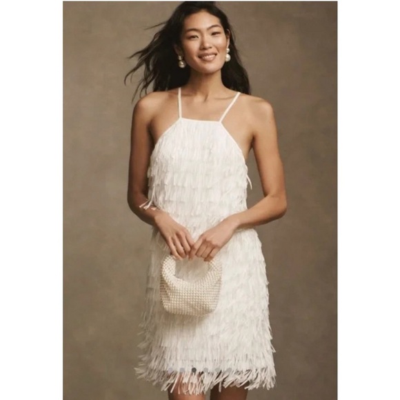 SHO By Tadashi Shoji Elodie Halter Fringe Mini Dress in White sz 12 NWT - Picture 1 of 8